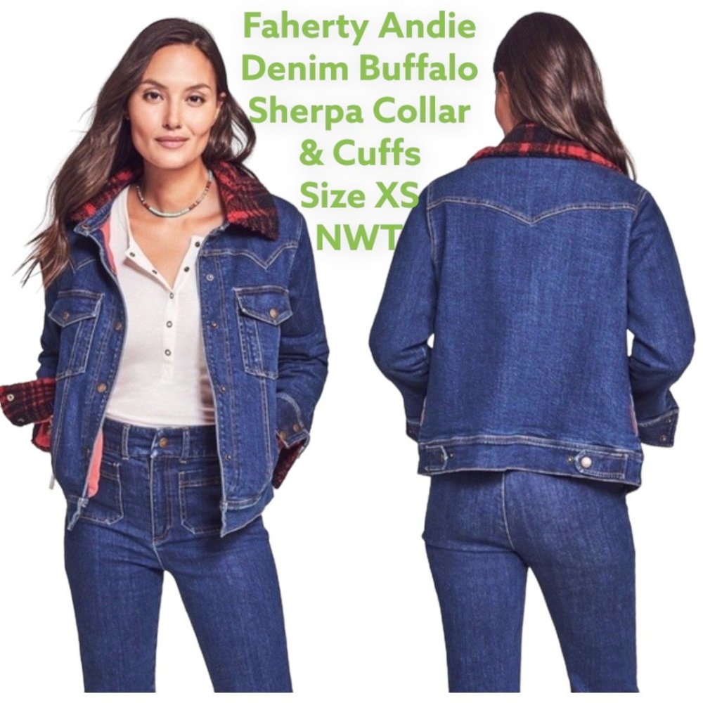 Faherty Women's Size XS Andie Denim Trucker Red Buffalo Sherpa Collar Cuffs NWT